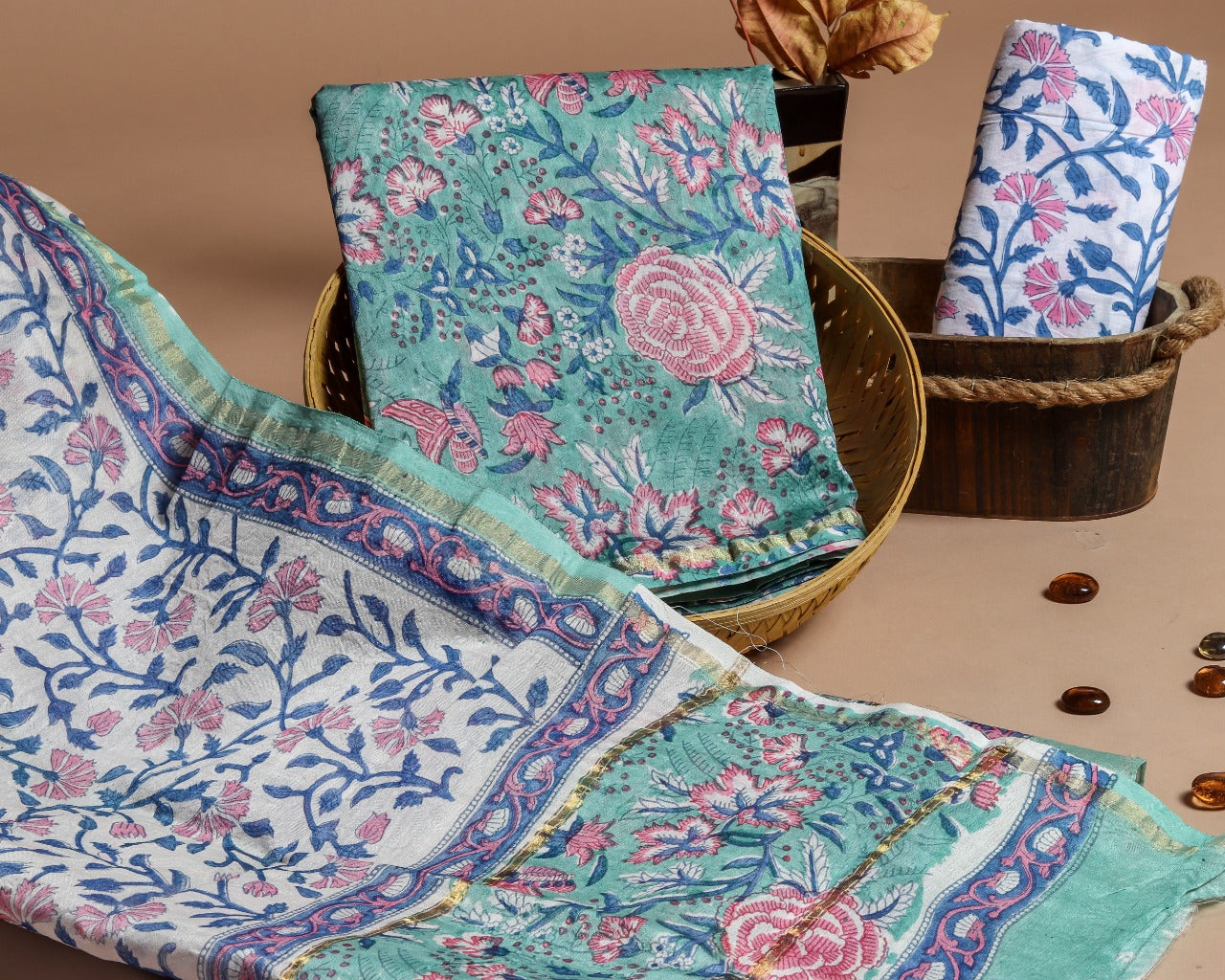 Shop Unstitched Hand Block Print Chanderi Silk Suit sets (CHA432)