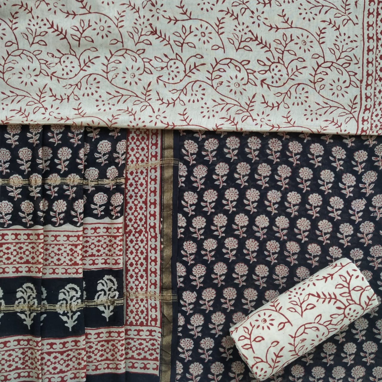Shop Unstitched Hand Block Print Chanderi Silk Suit sets (CHA439)