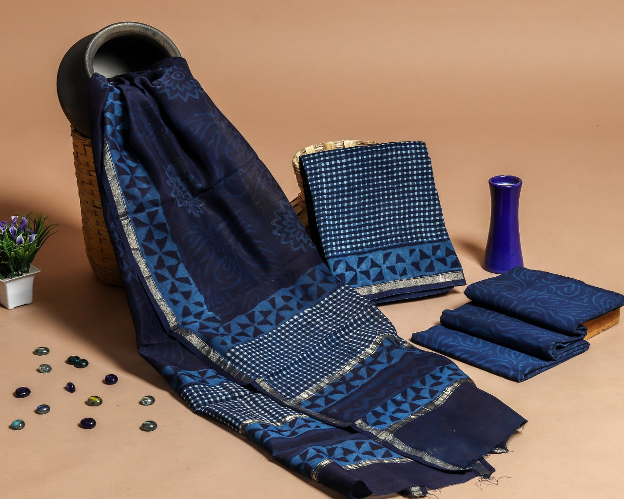 Shop Unstitched Hand Block Print Chanderi Silk Suit sets (CHA441)