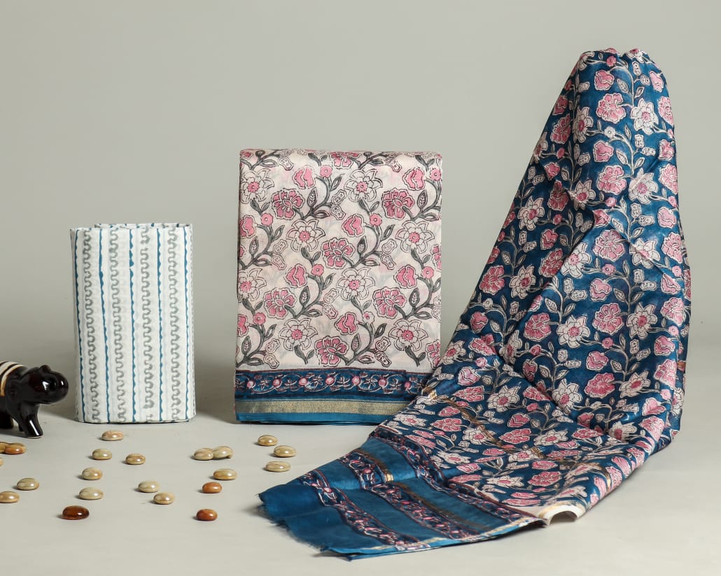 Shop Unstitched Hand Block Print Chanderi Silk Suit sets (CHA445)