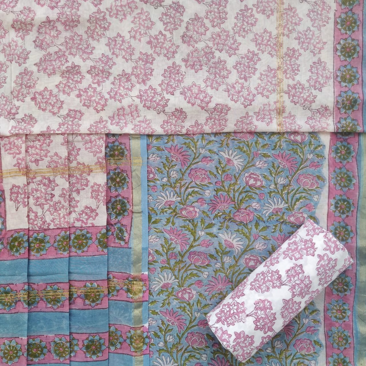 Shop Unstitched Hand Block Print Chanderi Silk Suit sets (CHA456)