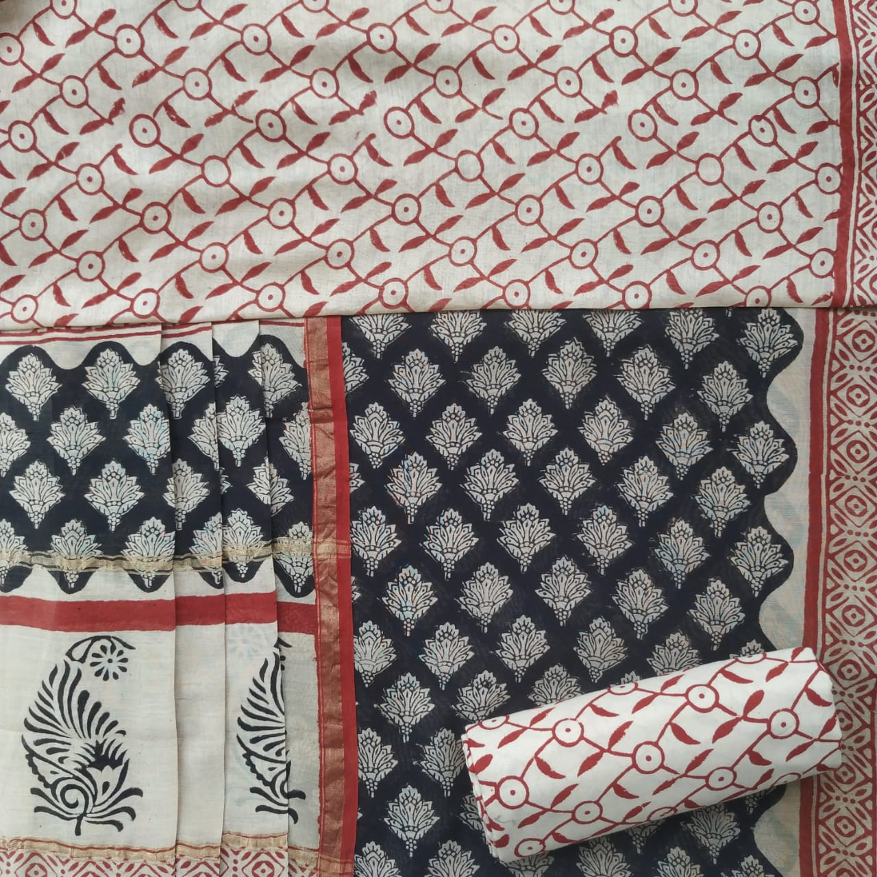 Shop Unstitched Hand Block Print Chanderi Silk Suit sets (CHA459)