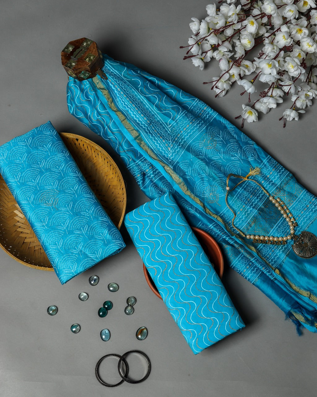 Shop Unstitched Hand Block Print Chanderi Silk Suit sets (CHA463)