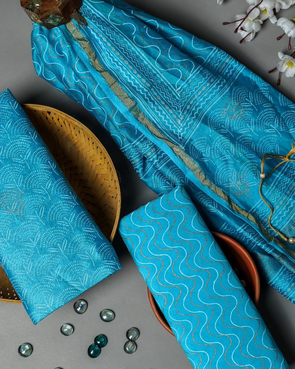 Shop Unstitched Hand Block Print Chanderi Silk Suit sets (CHA463)