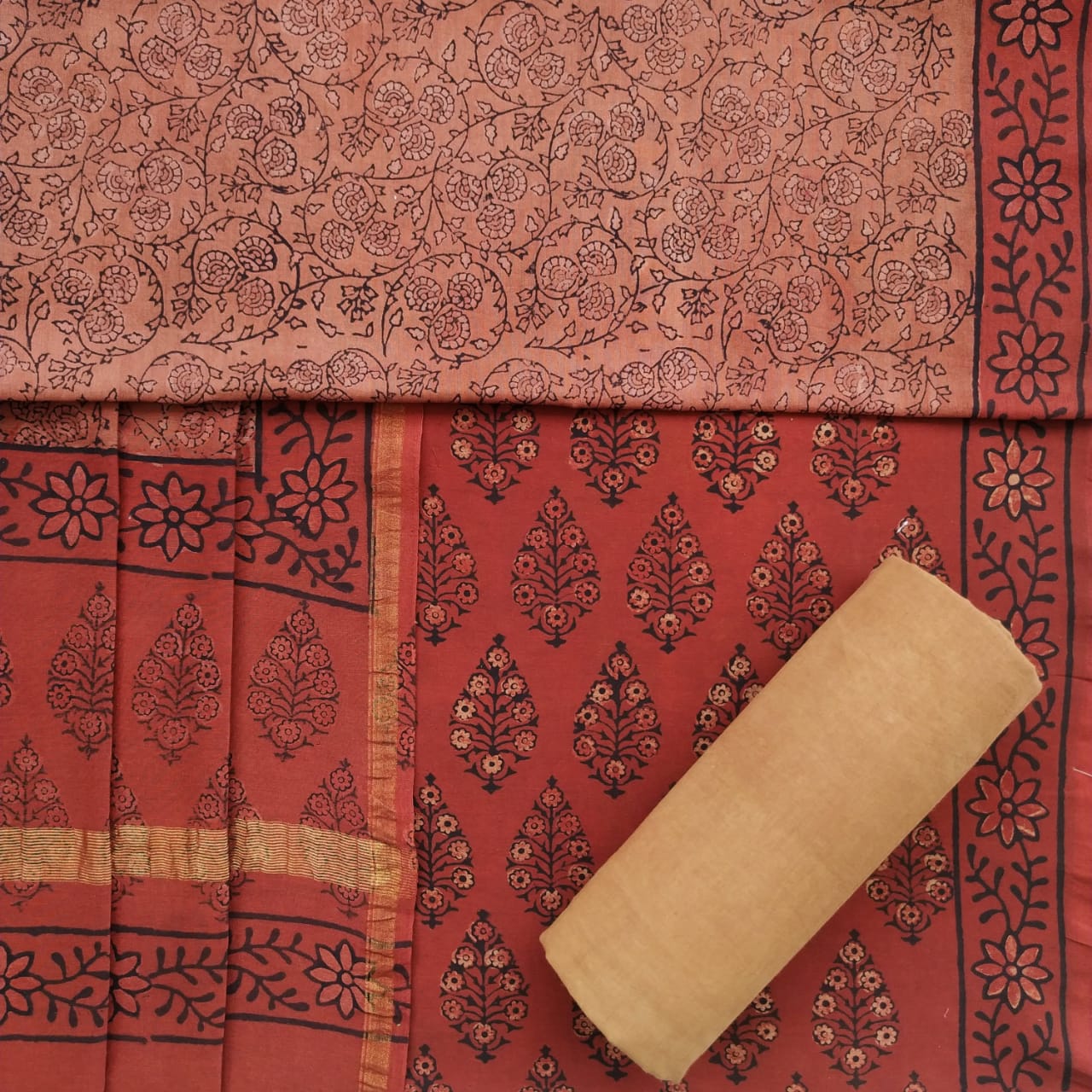 Shop Unstitched Ajrak Print Chanderi Silk Suit set (CHA467)