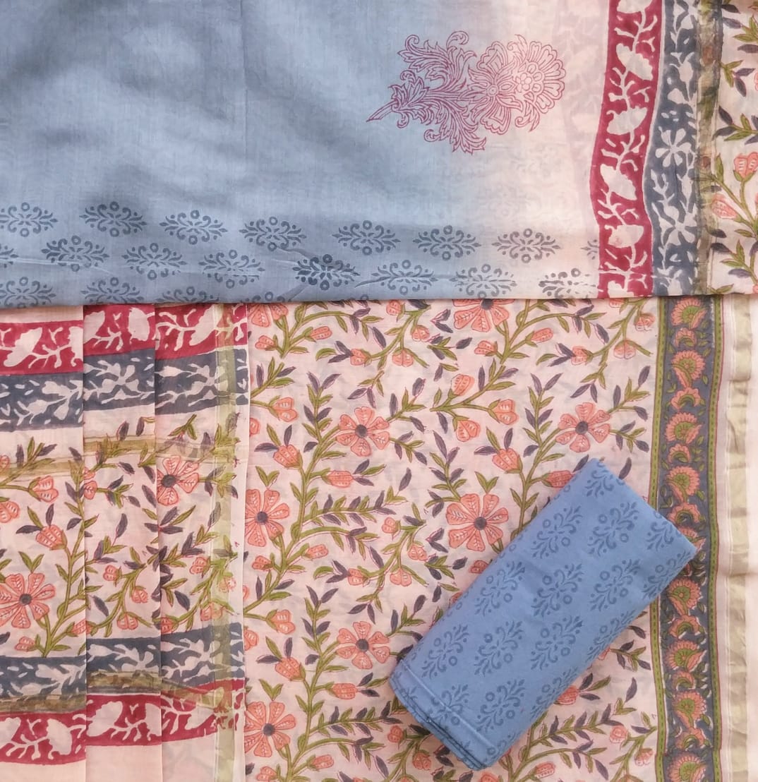 Floral Hand Block Print Chanderi Silk Suit Set (CHA469)
