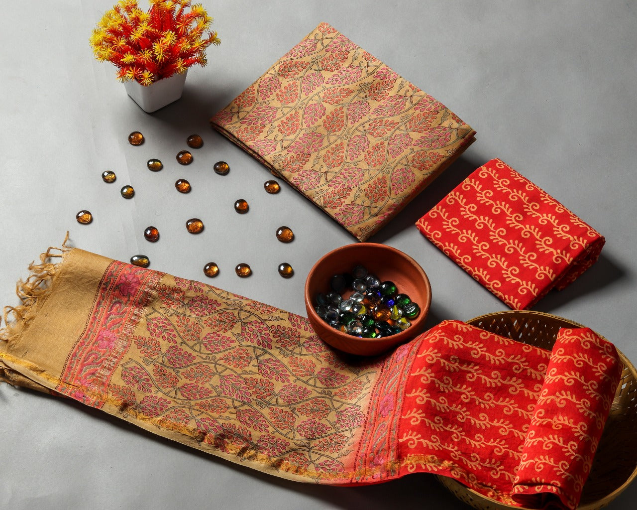 Shop Unstitched Hand Block Print Chanderi Silk Suit sets