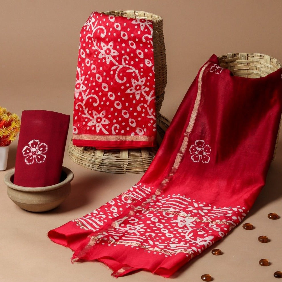 Shop Unstitched Hand Block Print Chanderi Silk Suit Sets (CHA478)