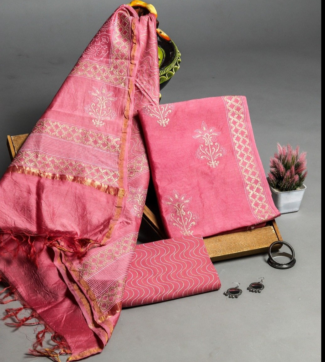 Shop Unstitched Hand Block Print Chanderi Silk Suit Sets (CHA485)
