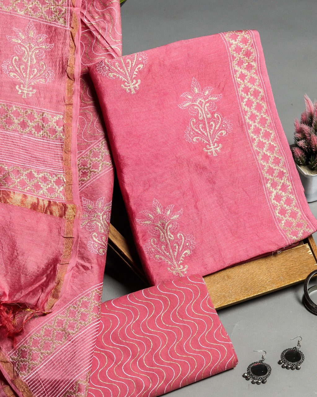 Shop Unstitched Hand Block Print Chanderi Silk Suit Sets (CHA485)
