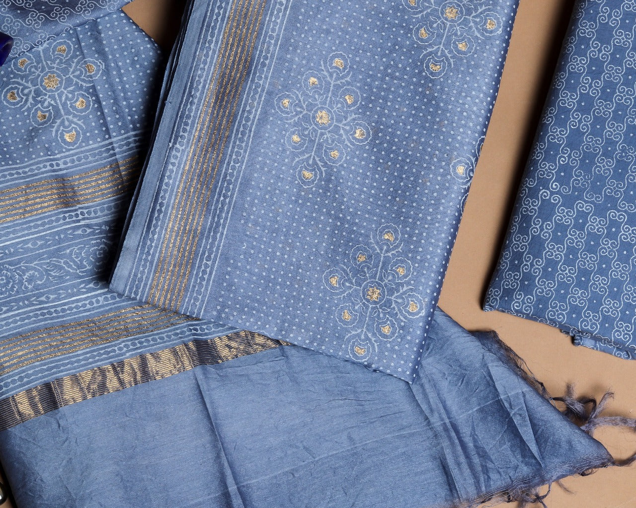 Shop Unstitched Gold Print Chanderi Silk Suit Sets (CHA486)