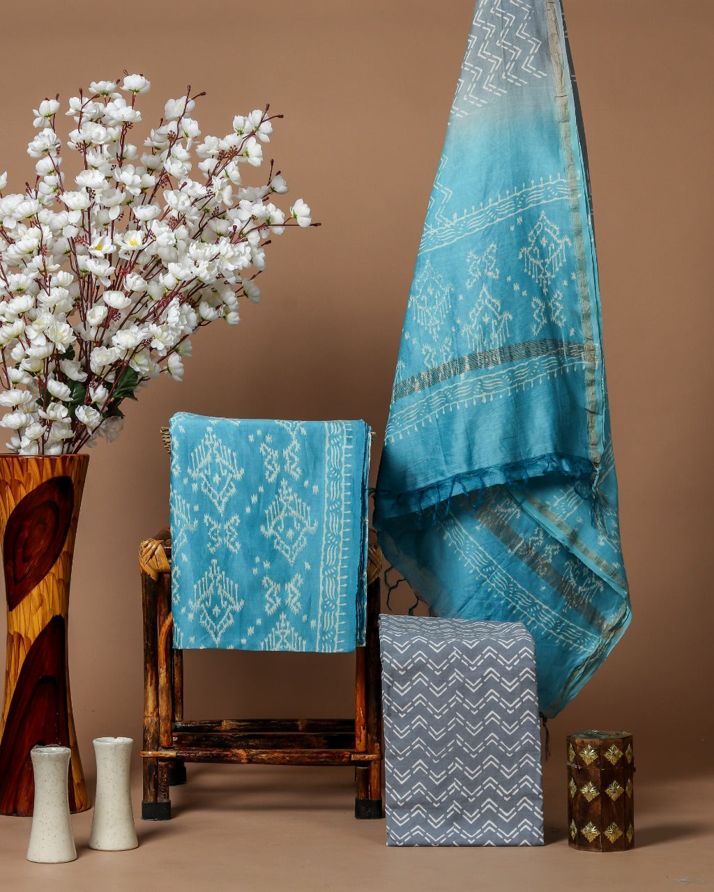 Shop Unstitched Hand Block Print Chanderi Silk Suit Sets (CHA488)