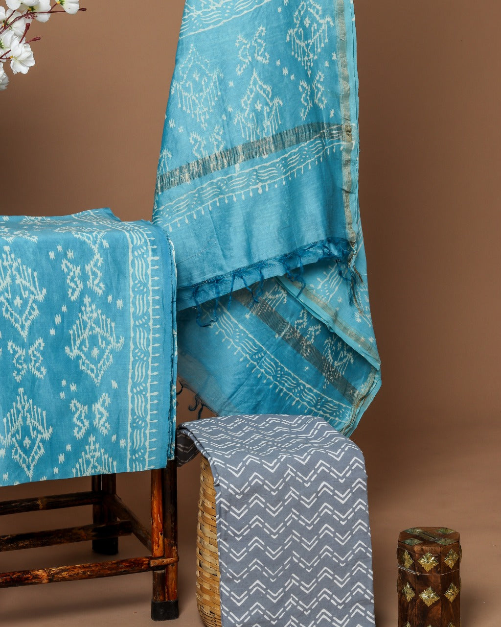 Shop Unstitched Hand Block Print Chanderi Silk Suit Sets (CHA488)