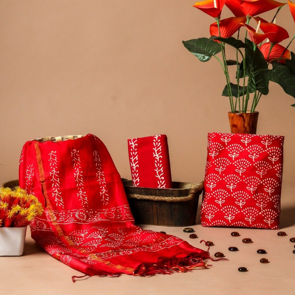Shop Unstitched Hand Block Print Chanderi Silk Suit Sets (CHA489)