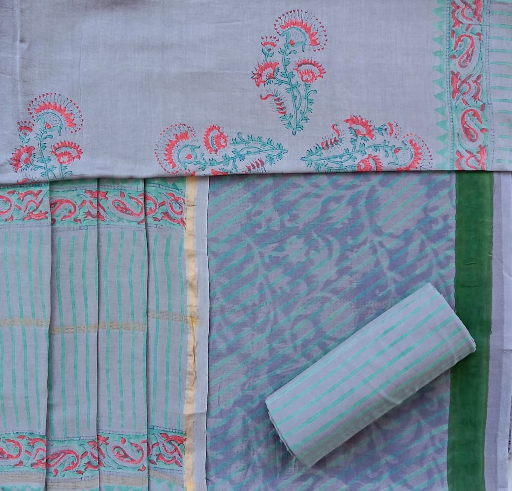 Shop Unstitched Hand Block Print Chanderi Silk Suit Sets (CHA491)