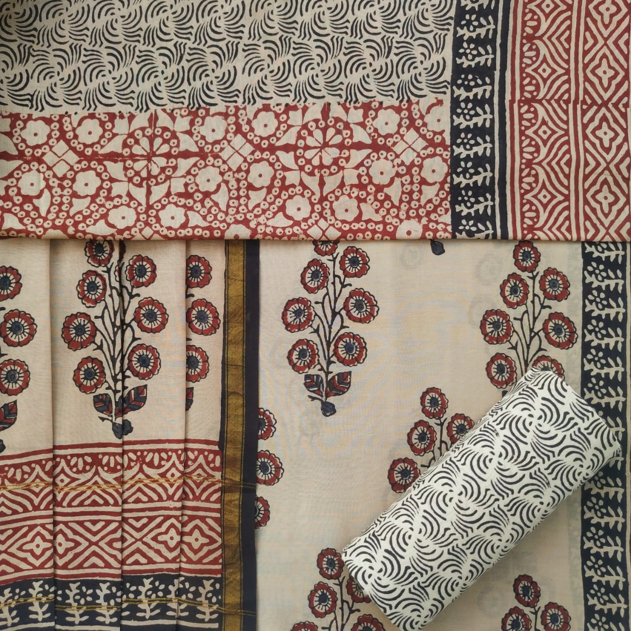 shop unstitched bagru print chanderi silk suit sets