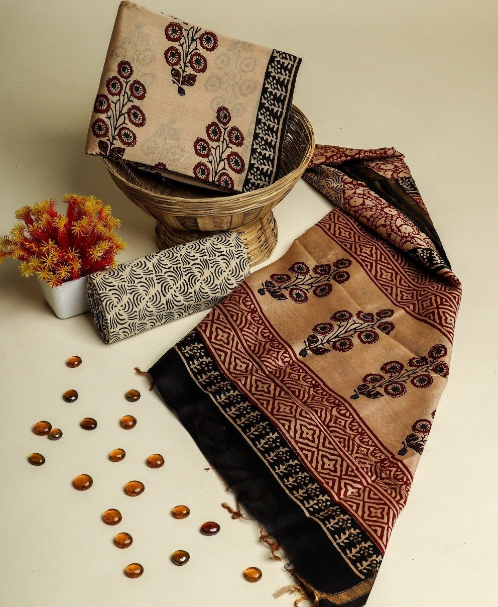 shop unstitched bagru print chanderi silk suit sets