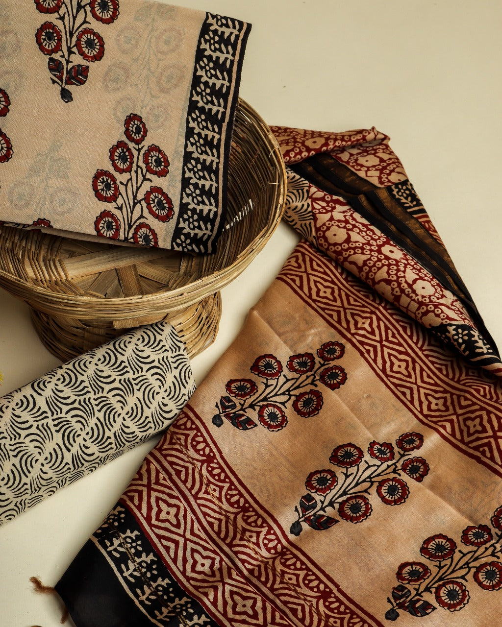 shop unstitched bagru print chanderi silk suit sets