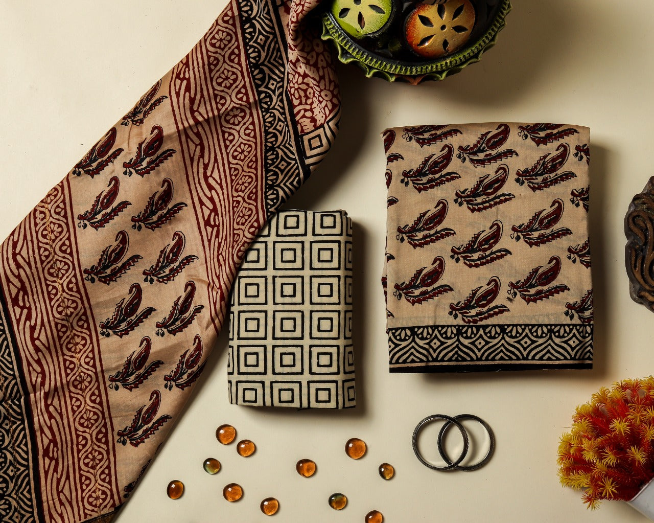 shop traditional bagru print chanderi silk suit set with chanderi silk dupatta