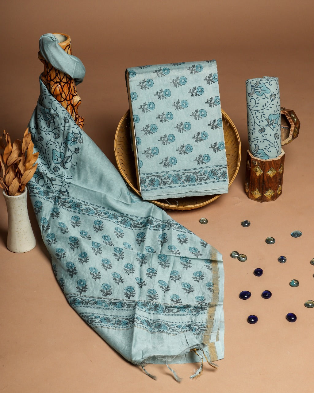 shop unstitched bagru print chanderi silk suit sets