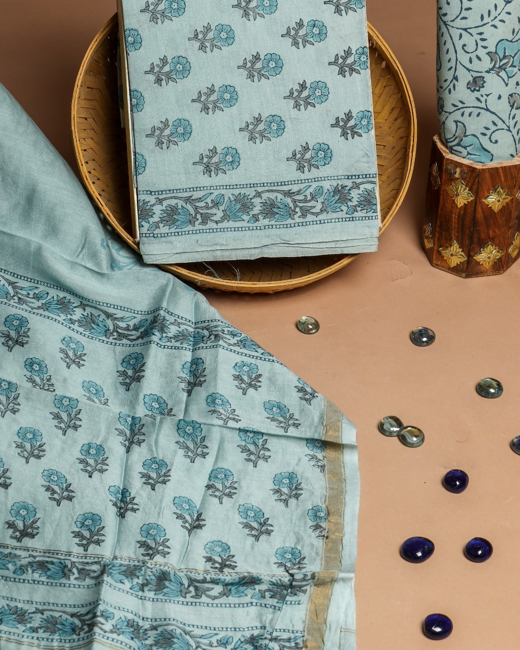 shop unstitched bagru print chanderi silk suit sets