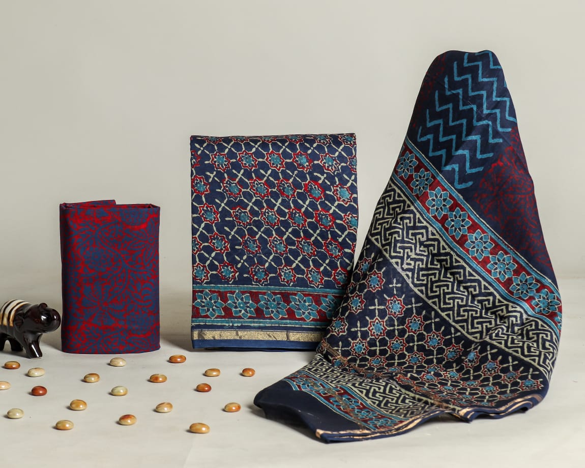Shop block print chanderi silk suit sets (CHA616)
