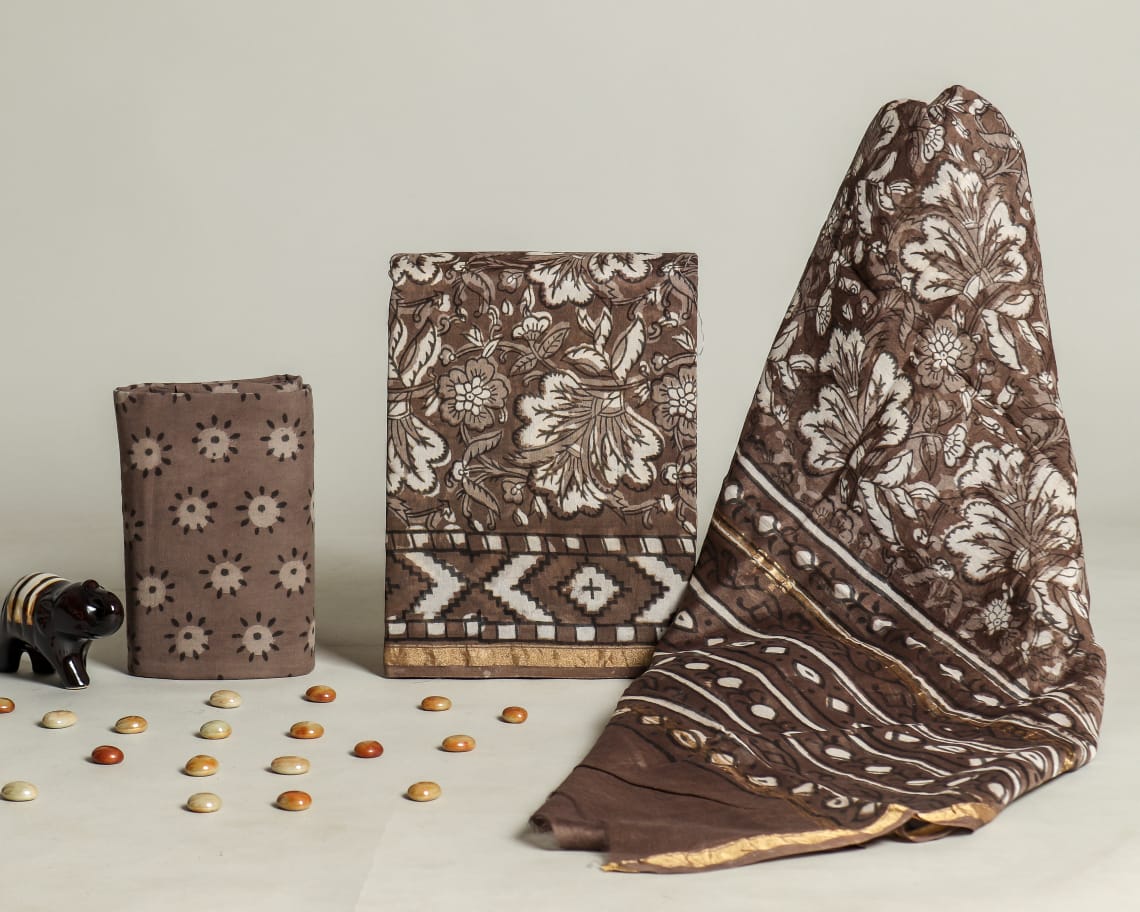 Shop unstitched ajrak print chanderi silk suit sets (CHA617)