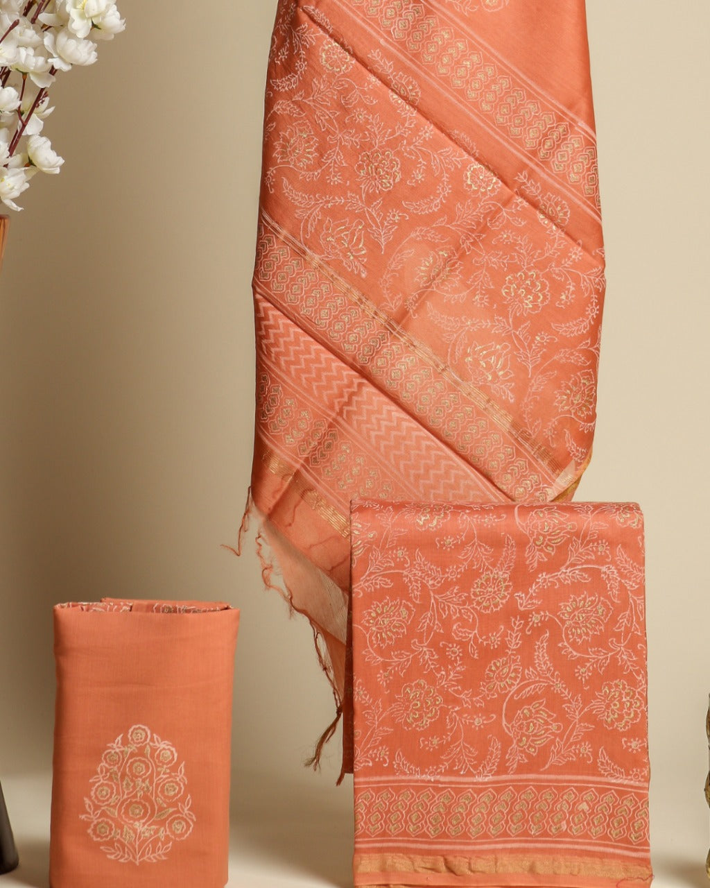 Shop block print chanderi silk suit sets (CHA660)