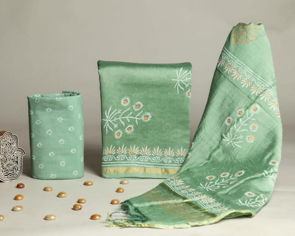 Shop block print chanderi silk suit material (CHA692)