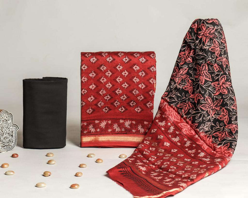Shop unstitched ajrak print chanderi siulk suit sets (CHA706)