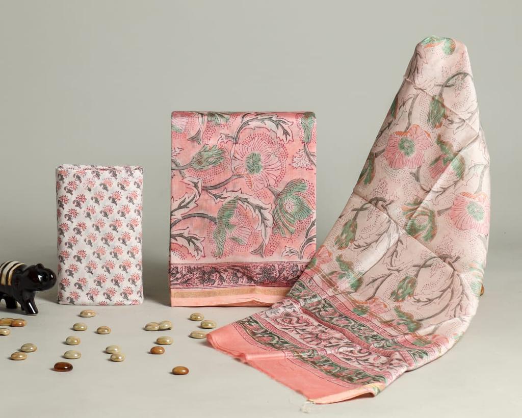 Shop hand block print chanderi silk suit sets (CHA711)