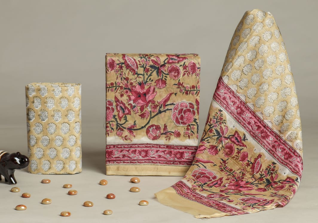 Shop hand block print chanderi silk suit sets online (CHA757)