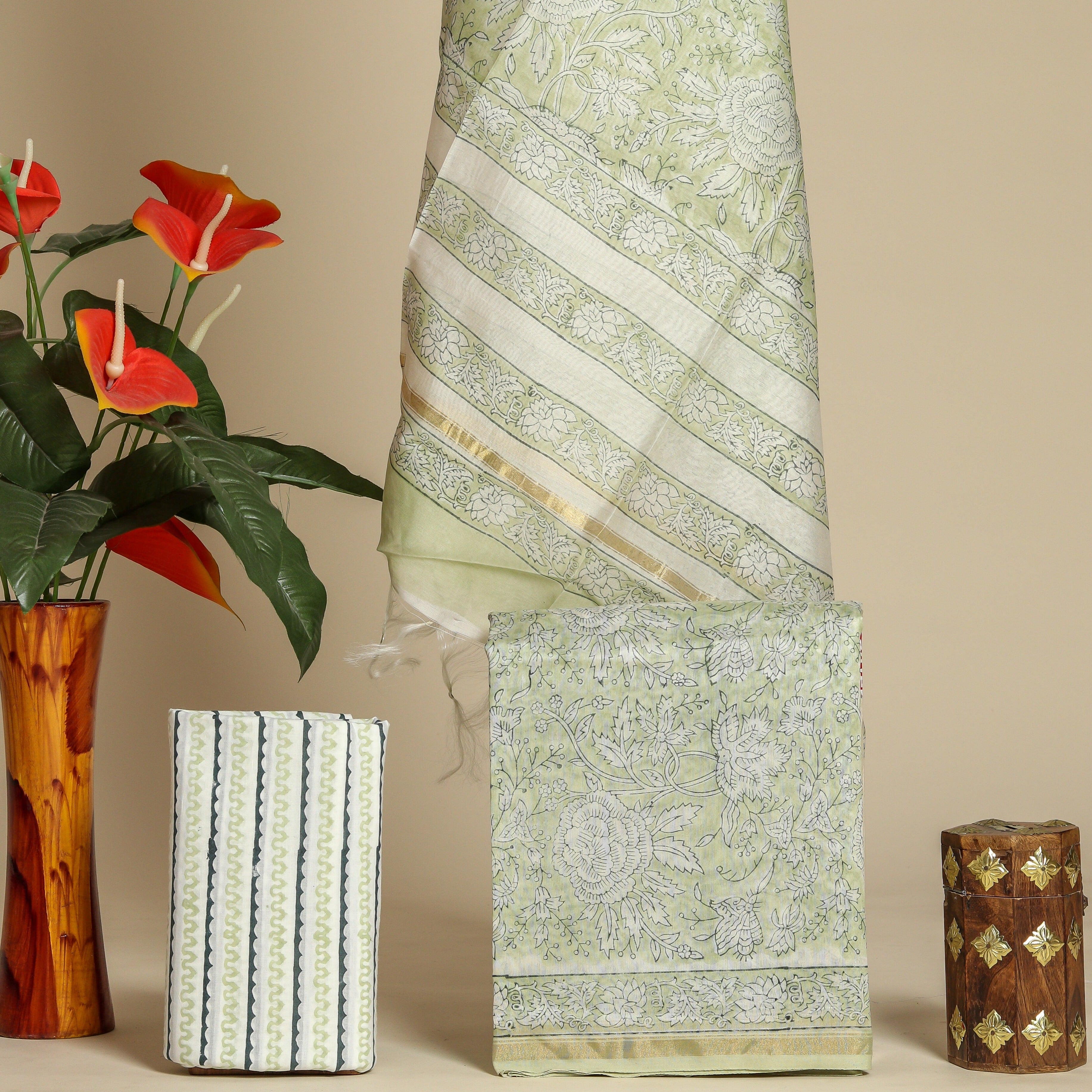 Floral Jaal Hand Block Print Chanderi Silk Suit Set