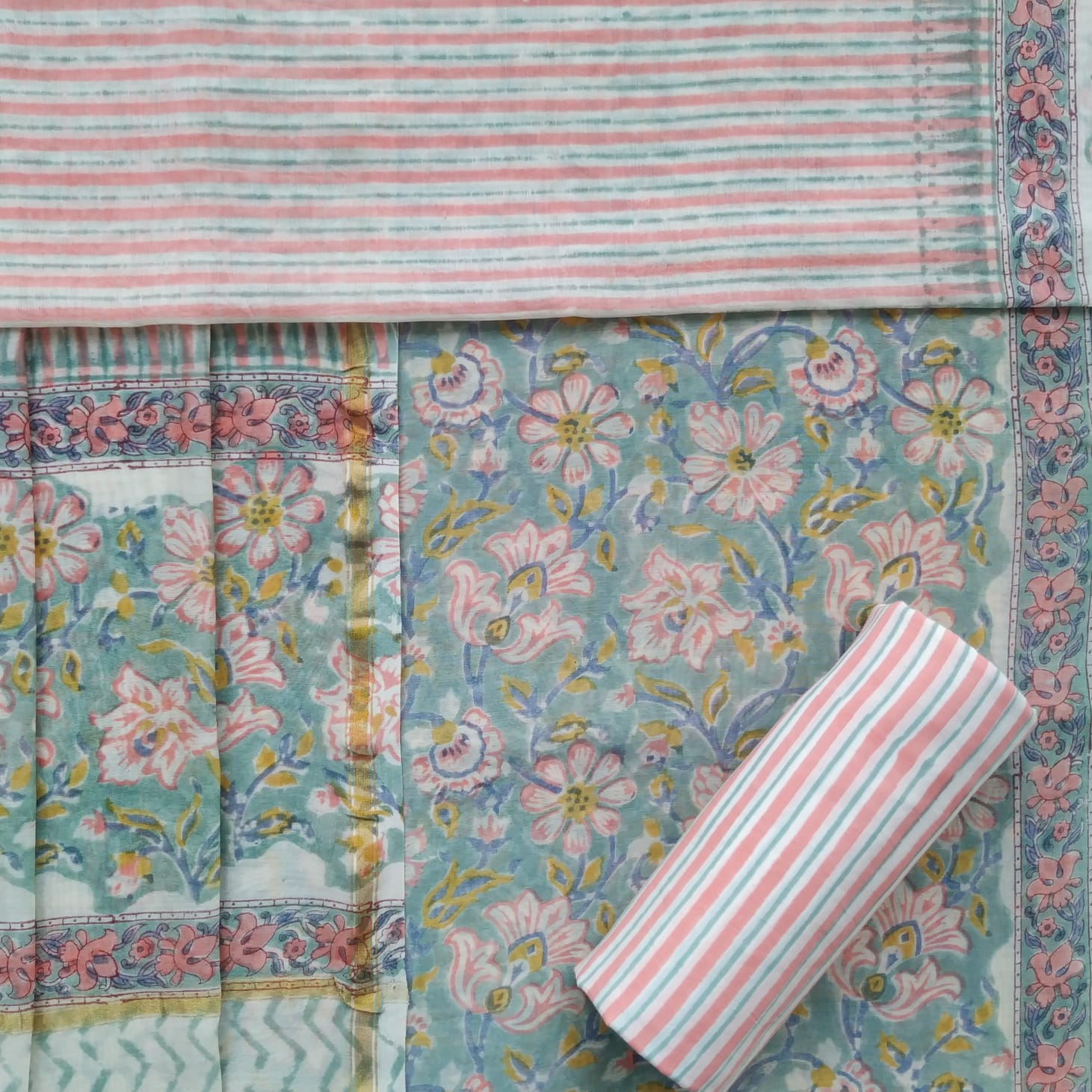 Shop hand block print chanderi silk suit sets online (CHA781)