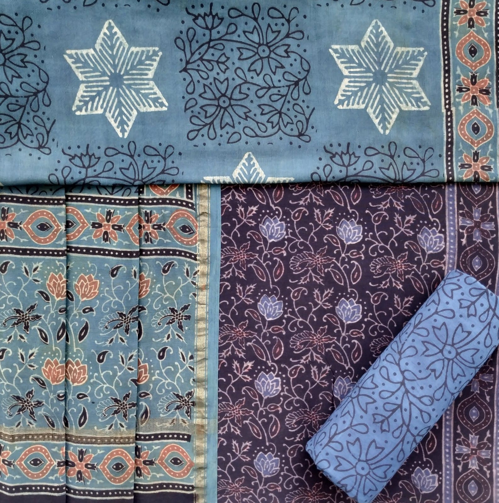 Shop ajrak print chanderi silk suit sets in jaipur (CHA785)