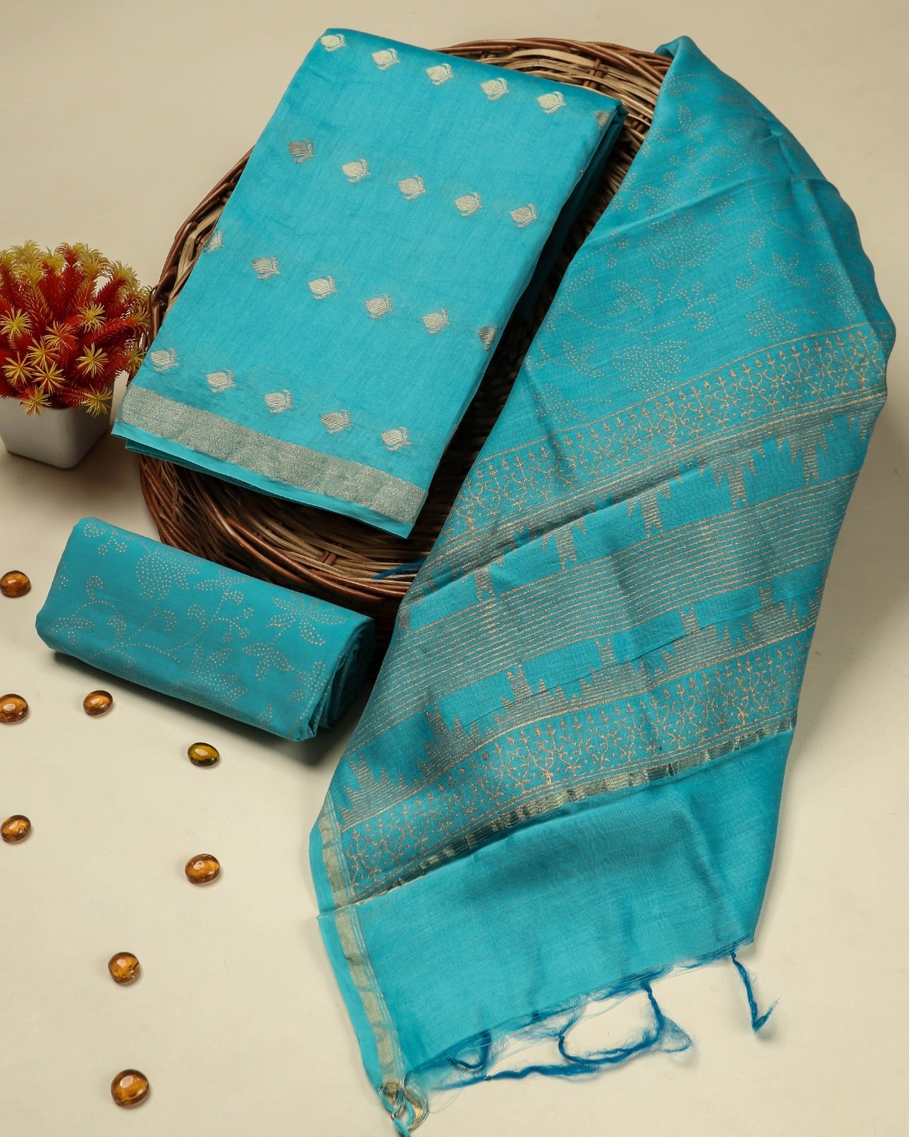 Shop block print chanderi silk jacquard suits online (CHA792)