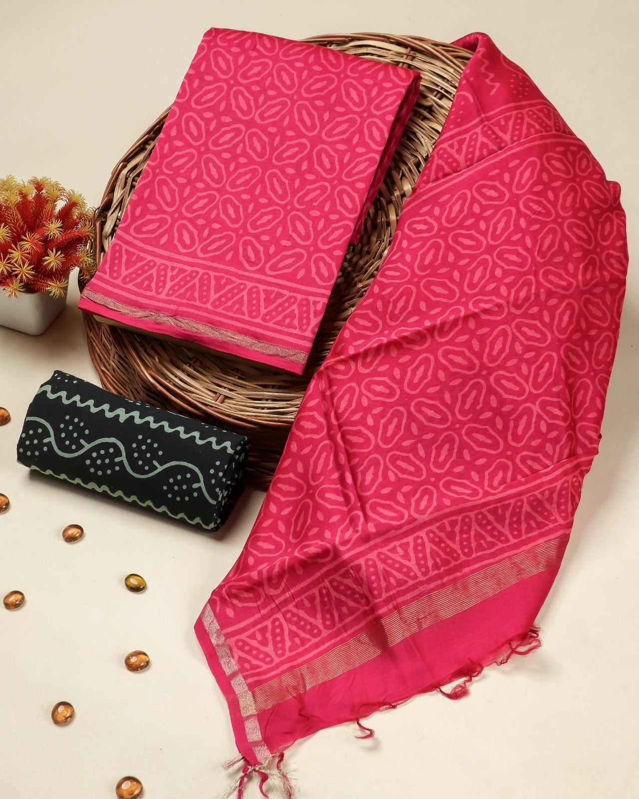 Shop unstitched hand block print chanderis silk suits online (CHA794)