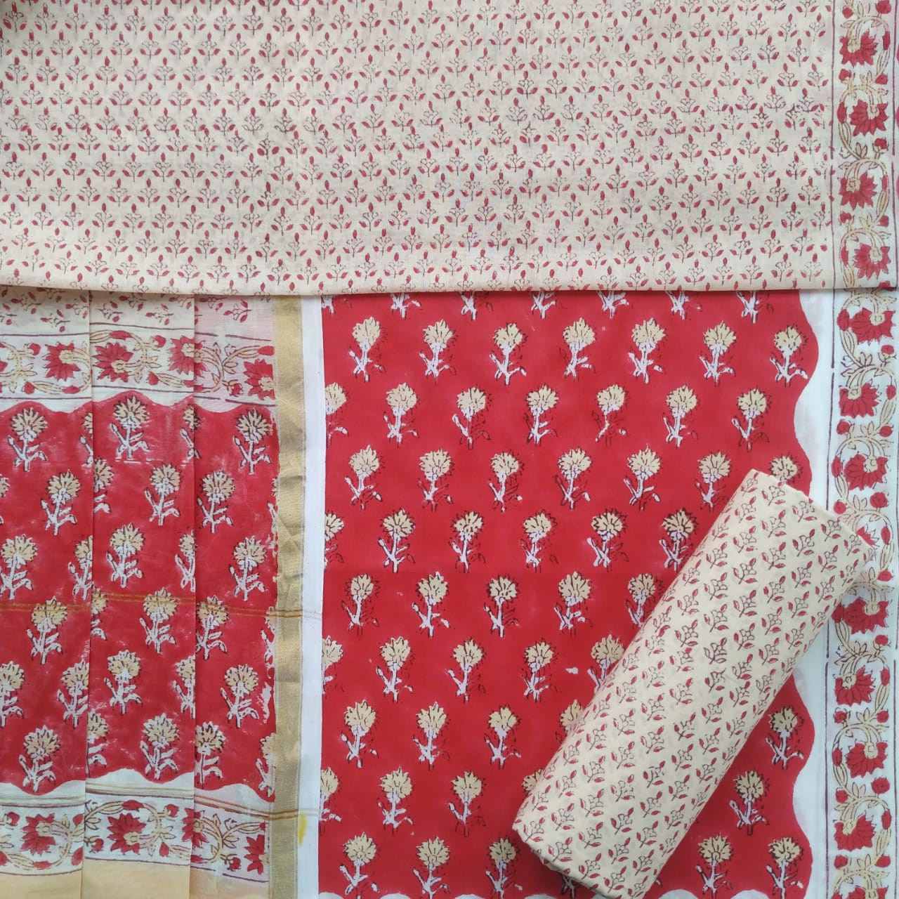 Shop unstitched hand block print cotton suit set with chanderi dupatta (CHD101)