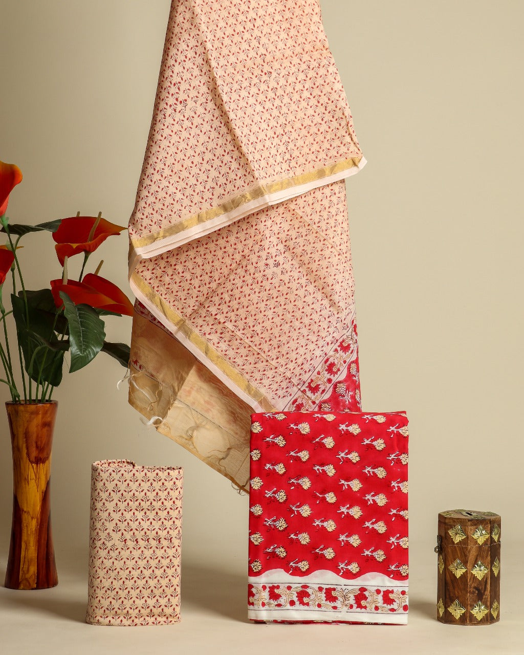 Shop unstitched hand block print cotton suit set with chanderi dupatta (CHD101)