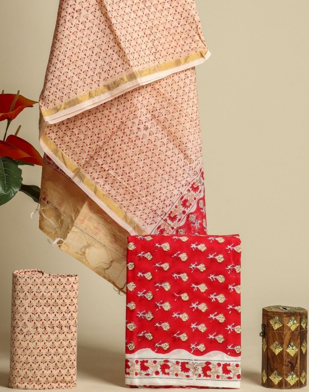 Shop unstitched hand block print cotton suit set with chanderi dupatta (CHD101)