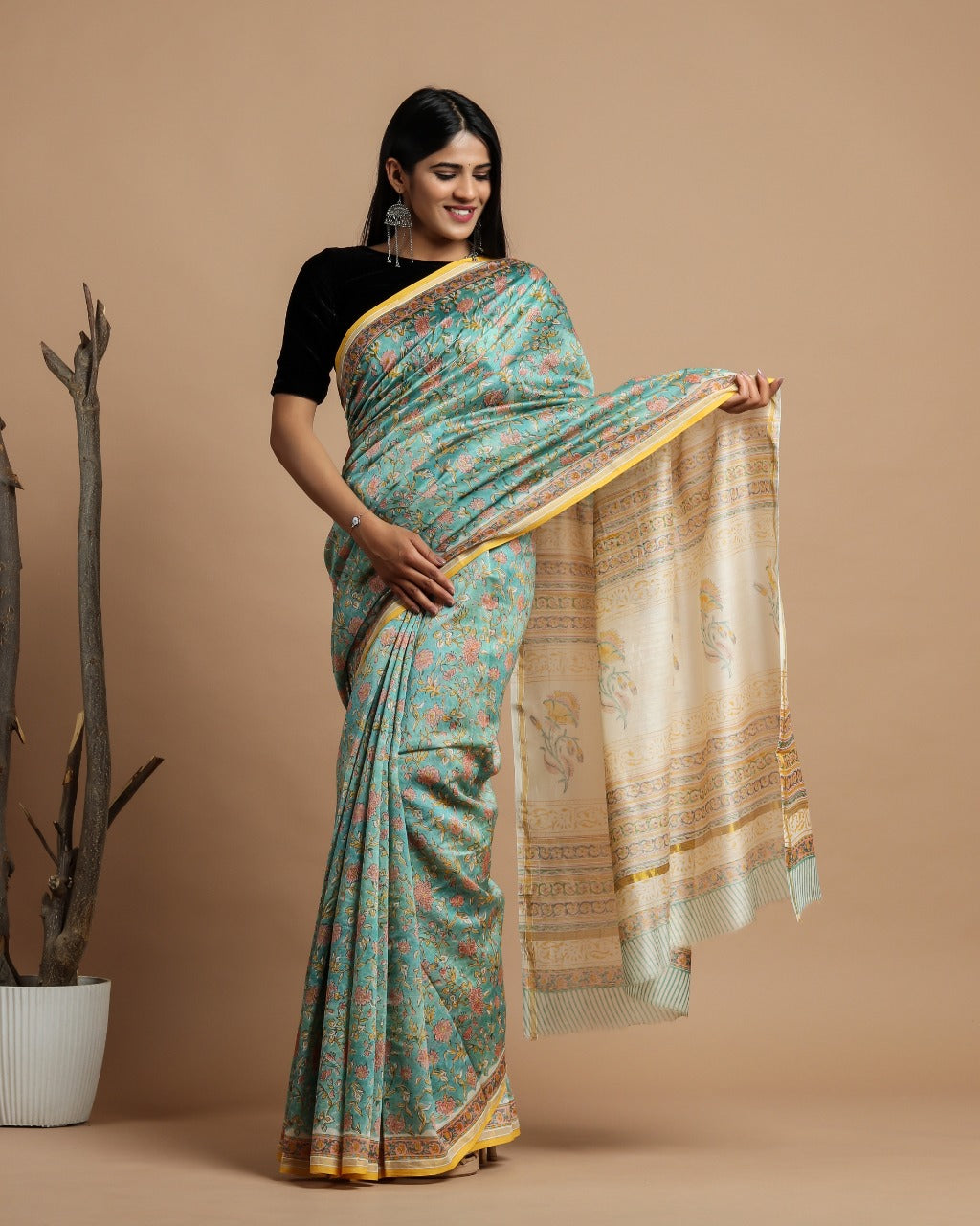 Shop Unstitched Block Print Premium Chanderi Saree Collection (CHSAR38)
