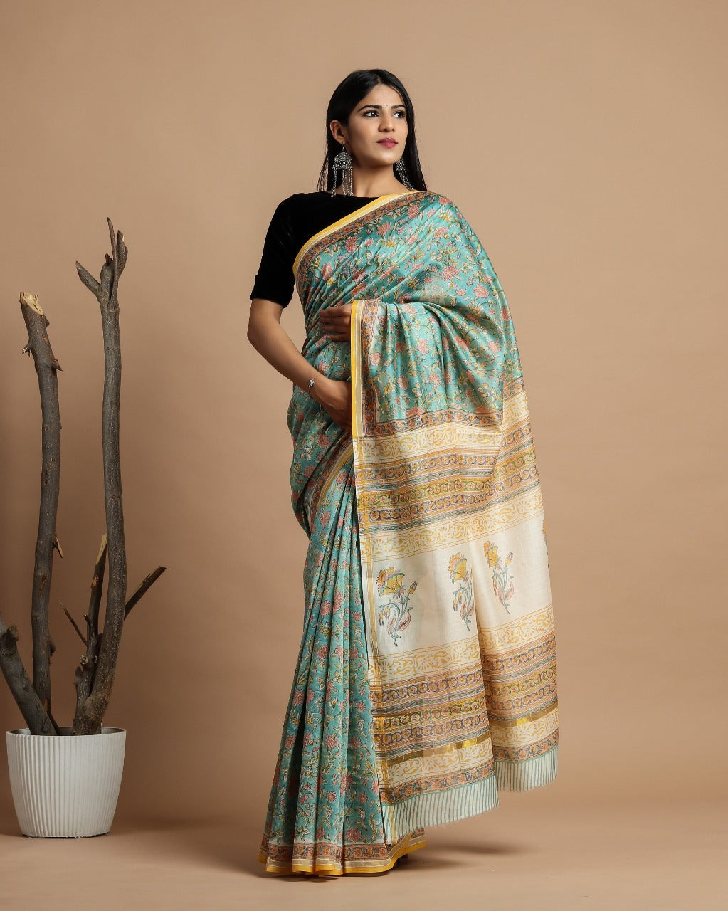 Shop Unstitched Block Print Premium Chanderi Saree Collection (CHSAR38)