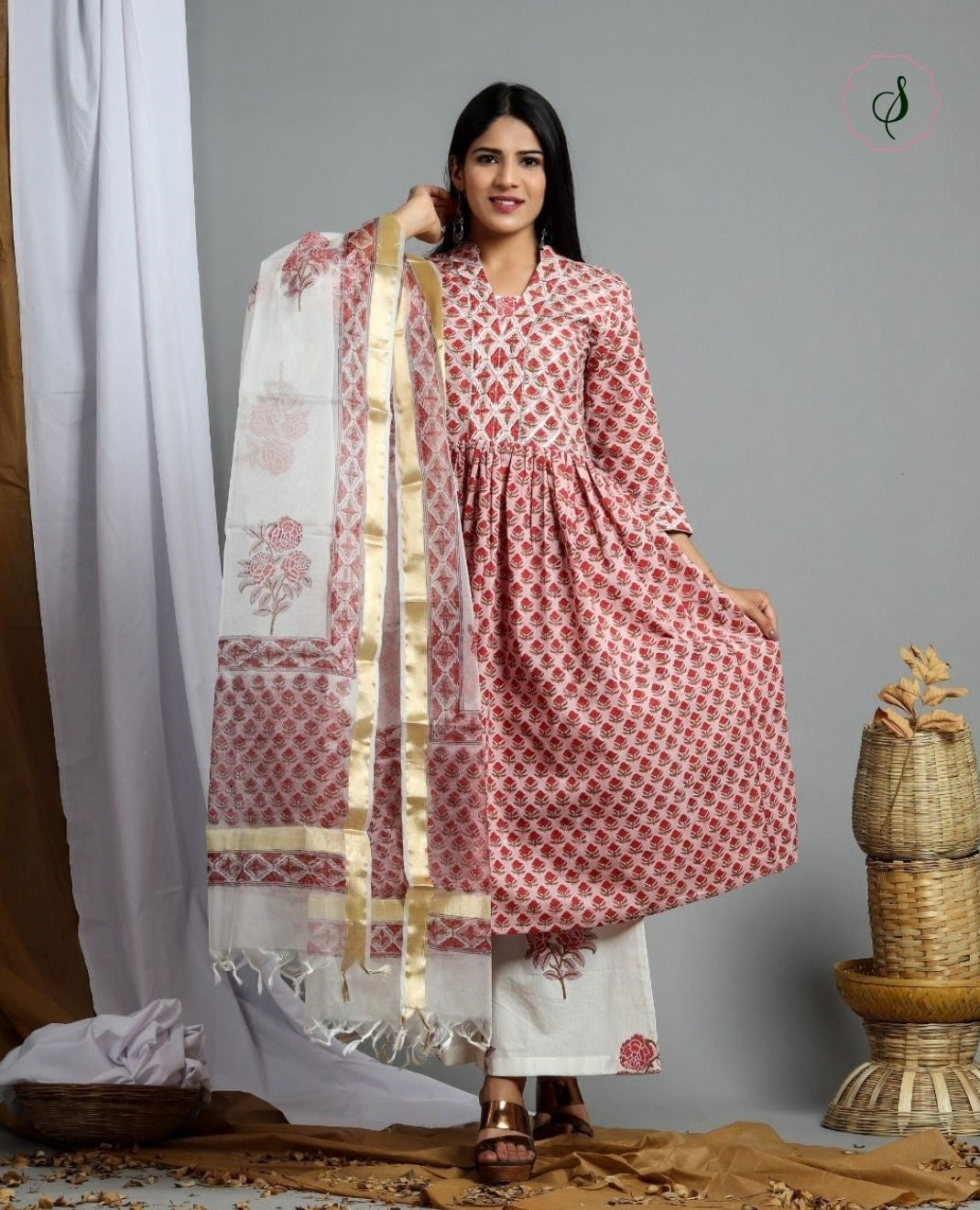 shop stitched pure cotton suit set with organza dupatta (CSS04)