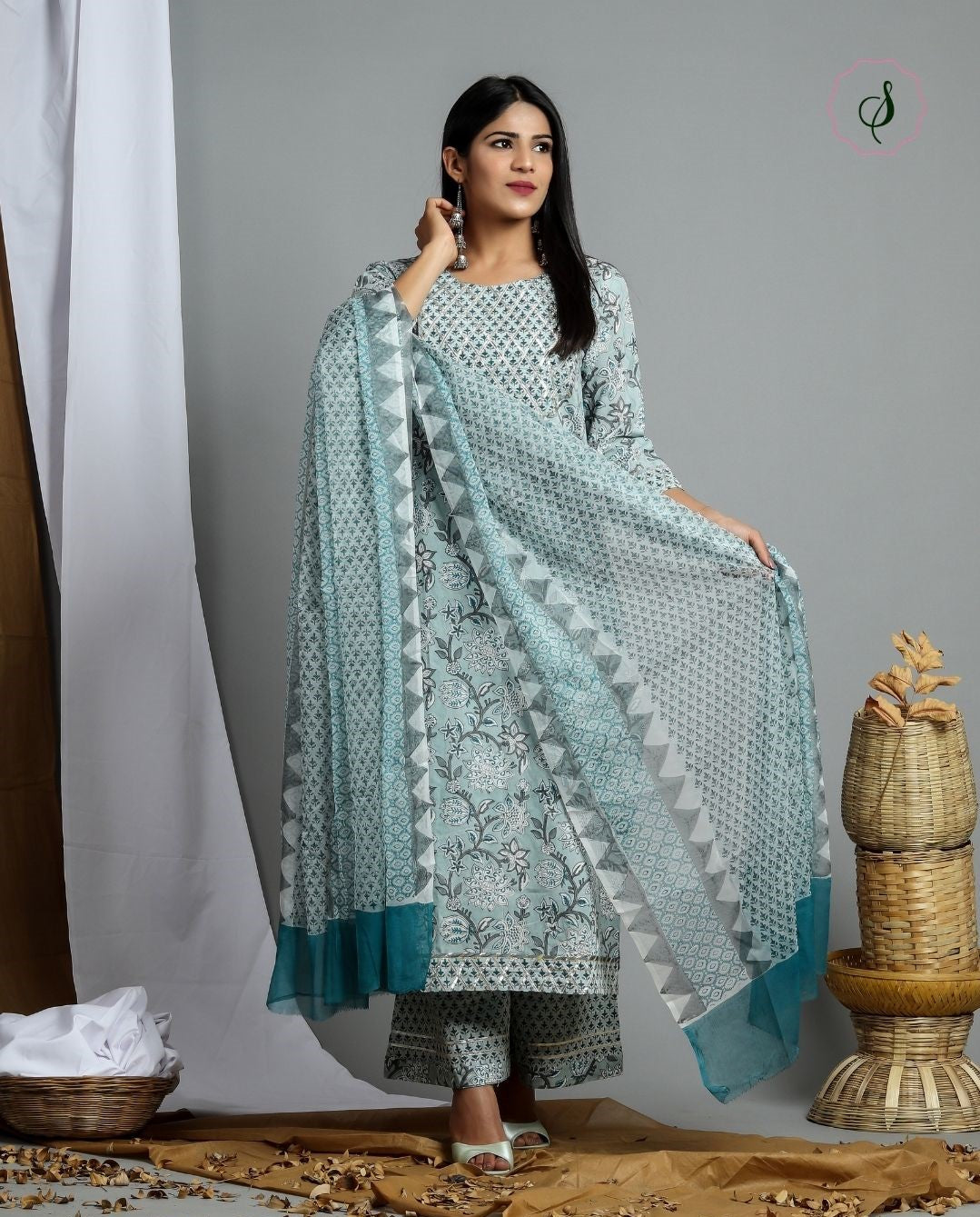 shop stitched cotton suit set with chiffon dupatta online (CSS07)