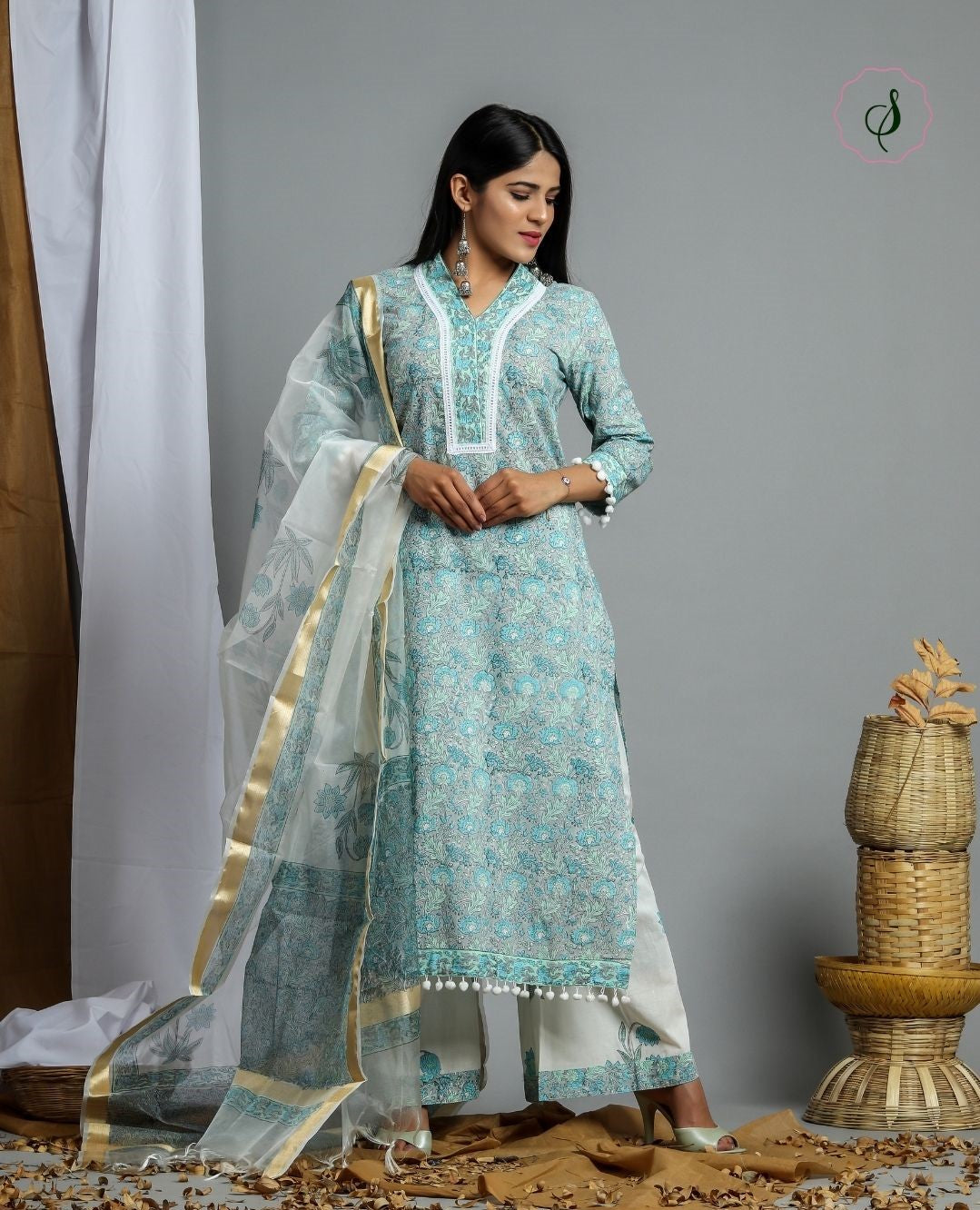 shop stitched pure cotton suit sets online with organza dupatta (CSS08)