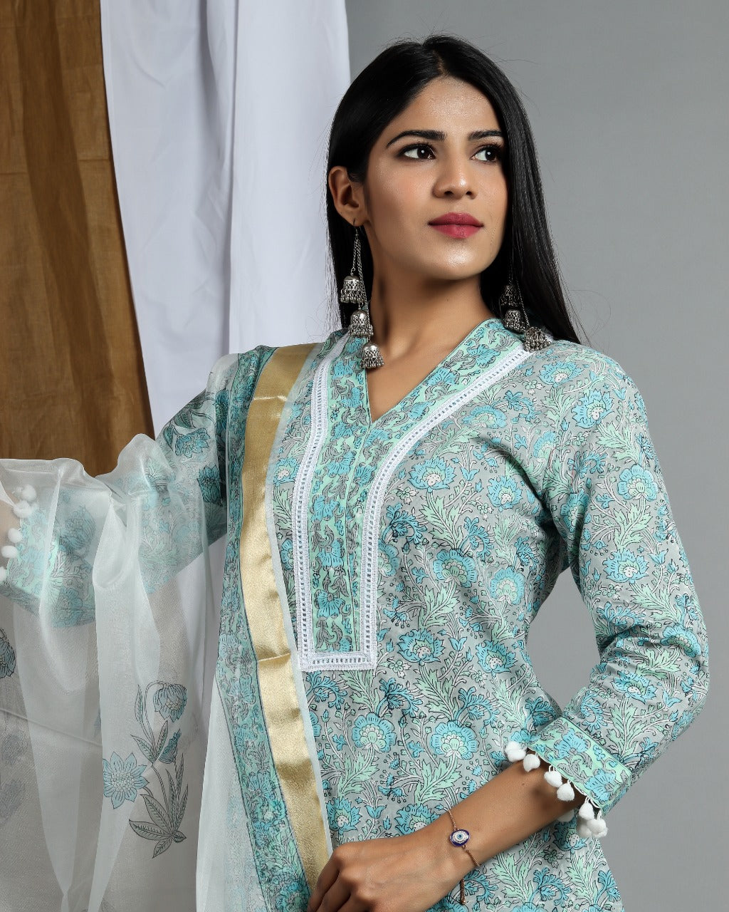 shop stitched pure cotton suit sets online with organza dupatta (CSS08)