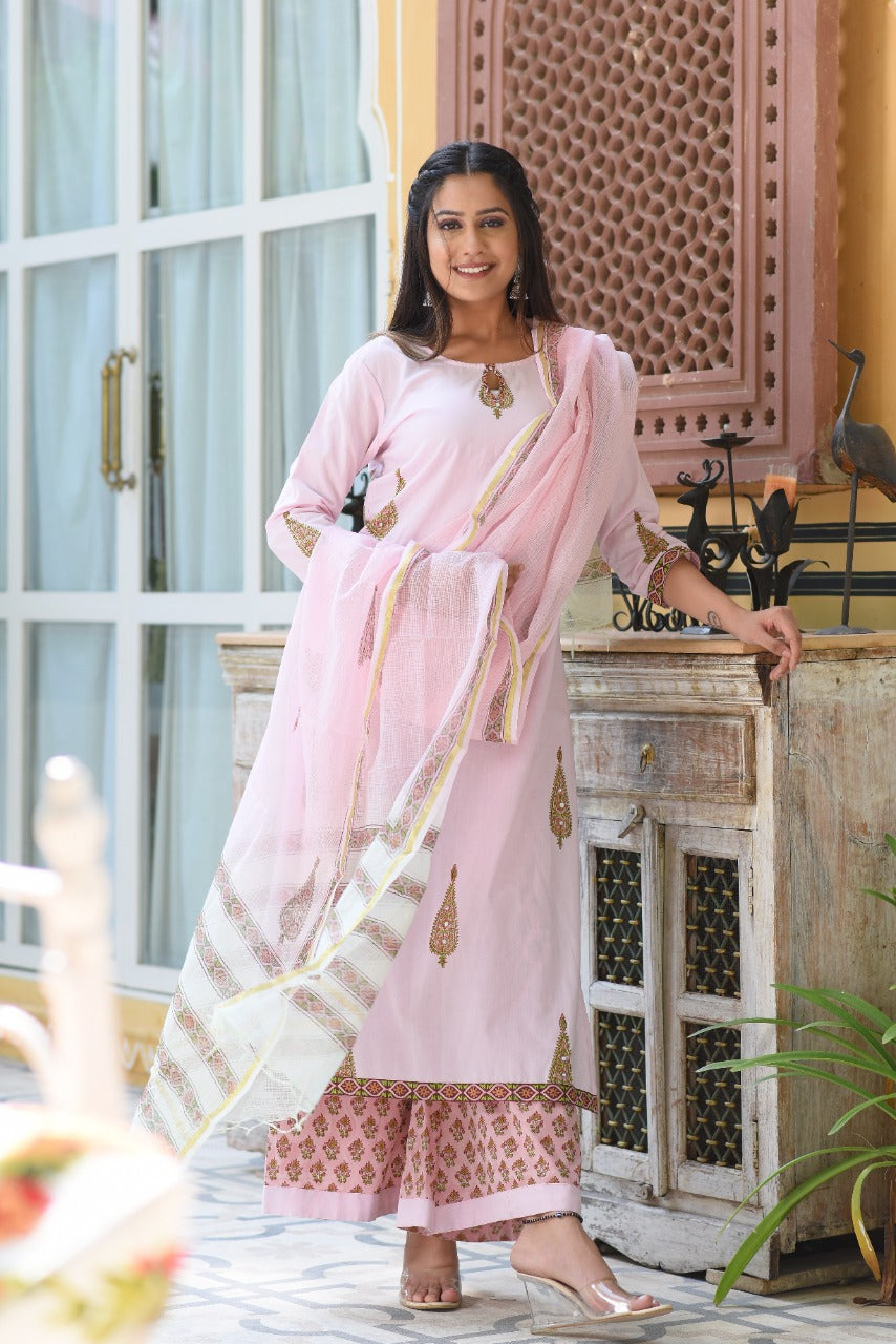 shop stitched hand block print cotton suit set with kota doria dupatta (CSS13KD)