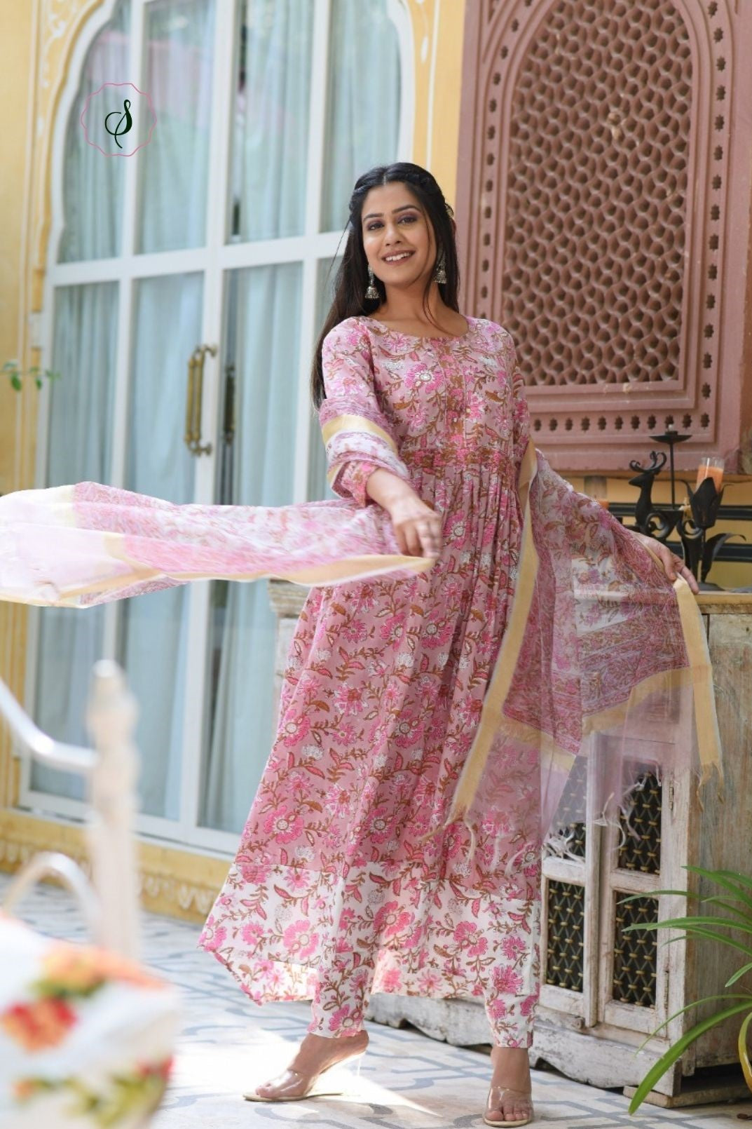 shop stitched hand block print cotton suit set with organza dupatta (CSS14ORG)