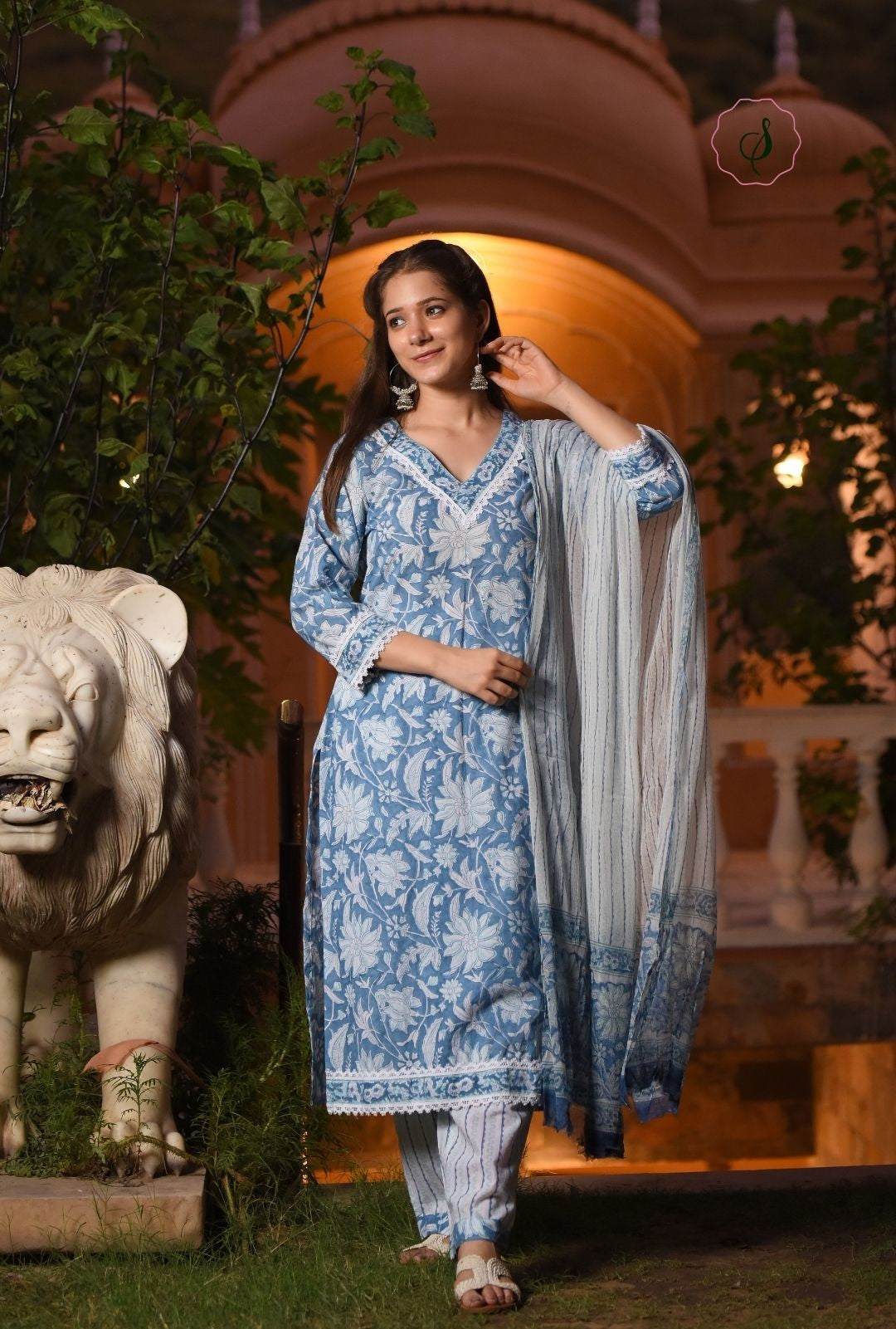 shop stitched hand block print cotton suit set with chiffon dupatta (CSS15CH)