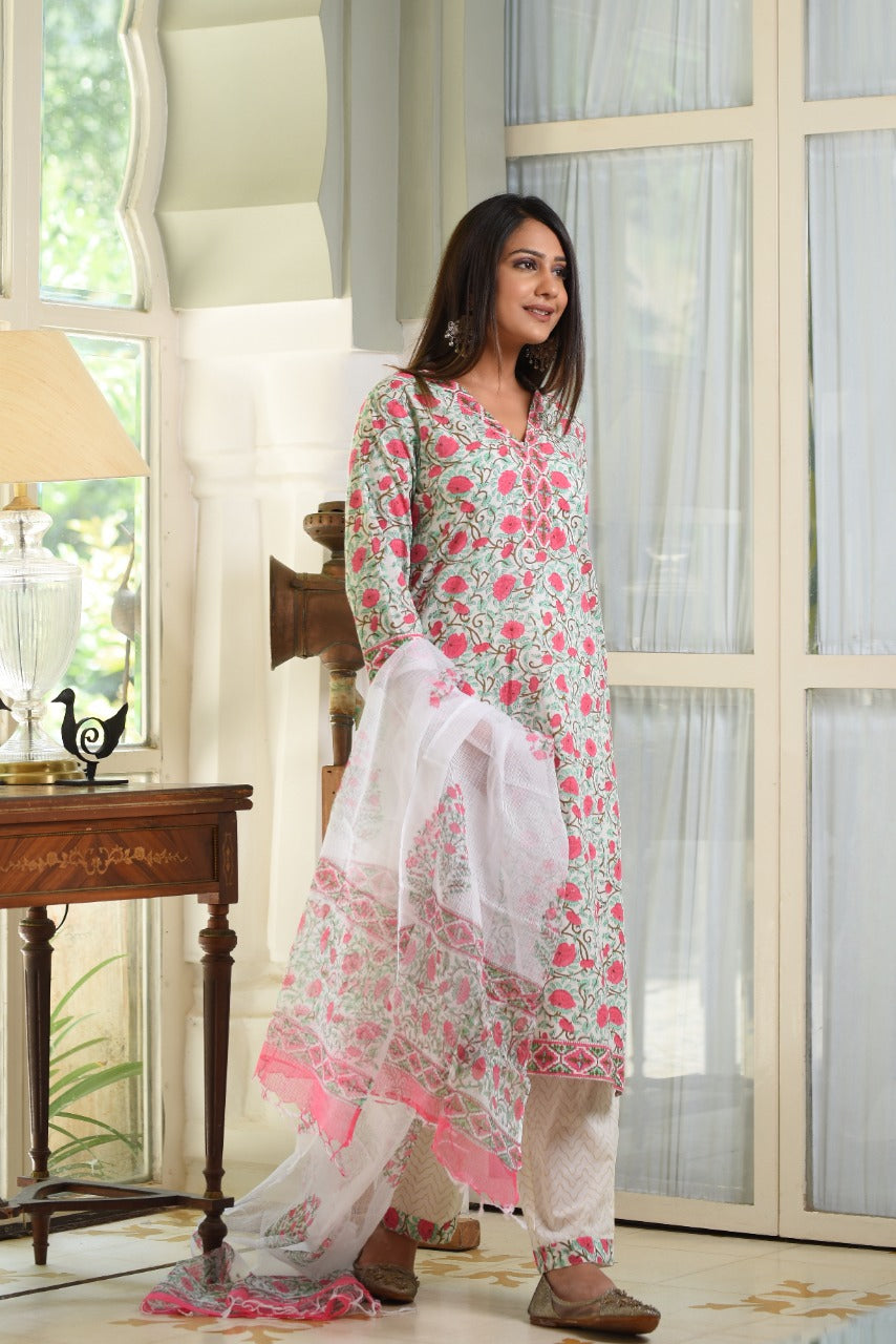 shop stitched block print cotton suit set with kota doria dupatta (CSS17KD)